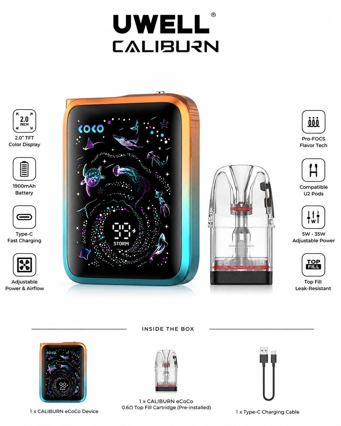 Uwell Caliburn G5 KOKO Pod Kit – 35W Refillable Vape with 1600mAh Battery, Starlit Display, PRO-FOCS 4.0 & Adjustable Airflow