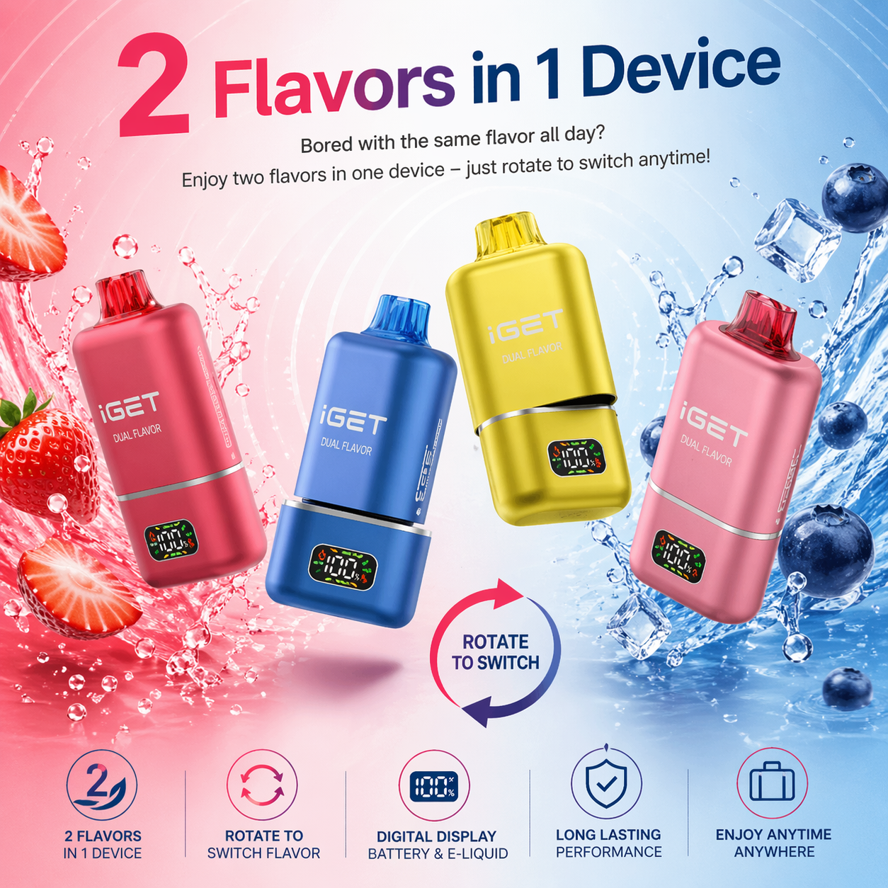 IGET Move B50000 Disposable Vape – 50,000 Puffs Rechargeable Dual Flavour Vape with Smart Display, Dual Mesh Coil & Type-C Charging