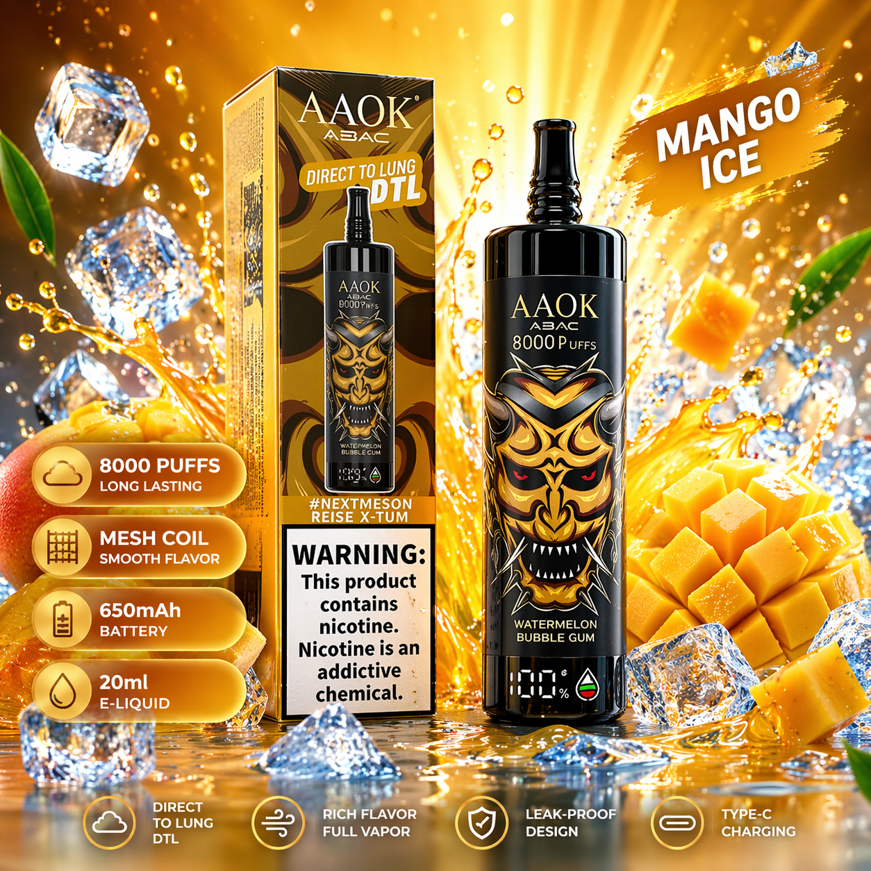 AAOK AK80000 Disposable Vape – 80,000 Puffs Rechargeable Mesh Coil Smart Display Vape