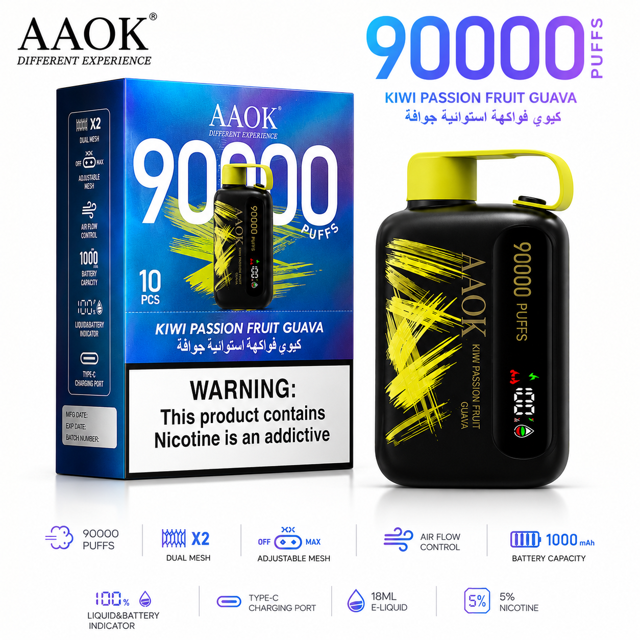 AAOK 90000 Disposable Vape – 90,000 Puffs Rechargeable Vape with Smart Display, Mesh Coil & Long-Lasting Performance