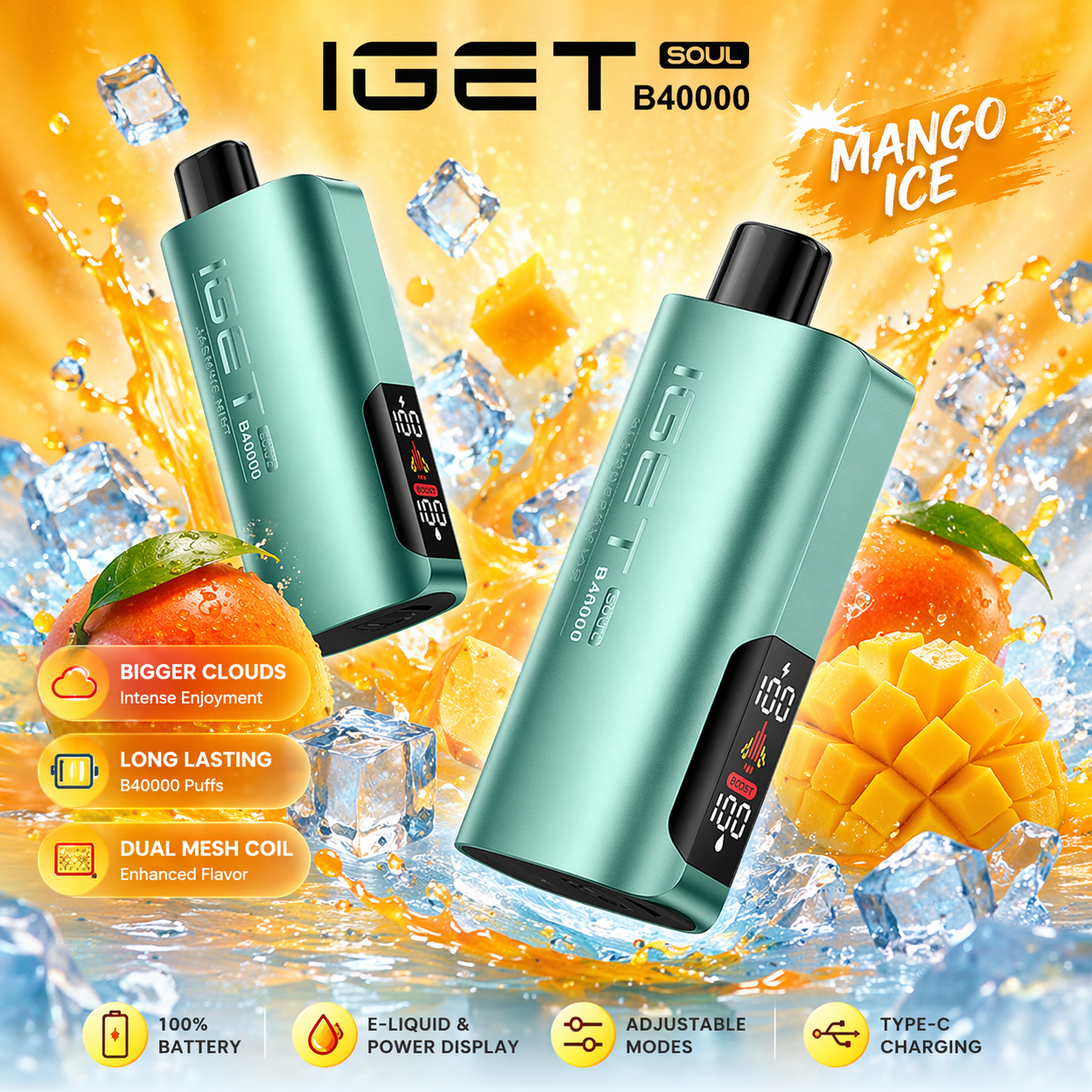IGET Soul B40000 Disposable Vape – 40,000 Puffs Rechargeable Vape with Dual Modes (Regular & Turbo), Smart Display & Dual Mesh Coil
